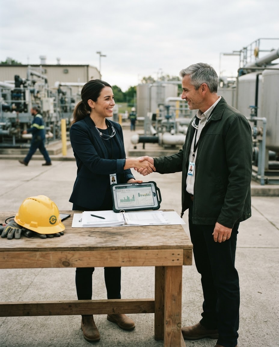 Consultora da Eco Ambientec em reunião técnica com cliente em unidade industrial
